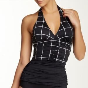 Spanx black windowpane halter tankini swimsuit tank top 6